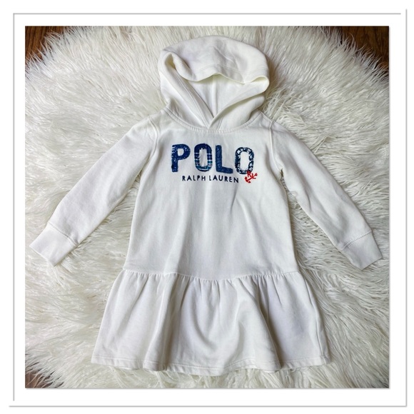 NWT Polo Ralph Lauren Logo Fleece Hoodie Dress White Blue Size 3T - Picture 1 of 6